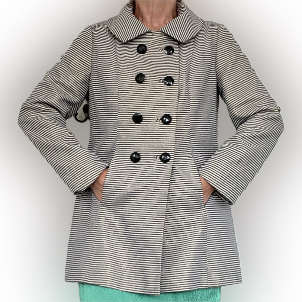 Banana Republic Black & Gold Striped Double-Breasted Pea Coat. Size Petite M.